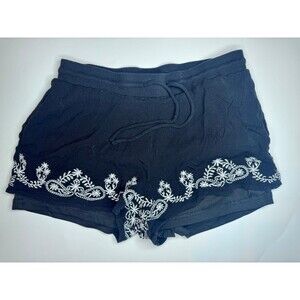 Forever 21 Black Floral Embroidered Ruffled Drawstring Shirts Size S